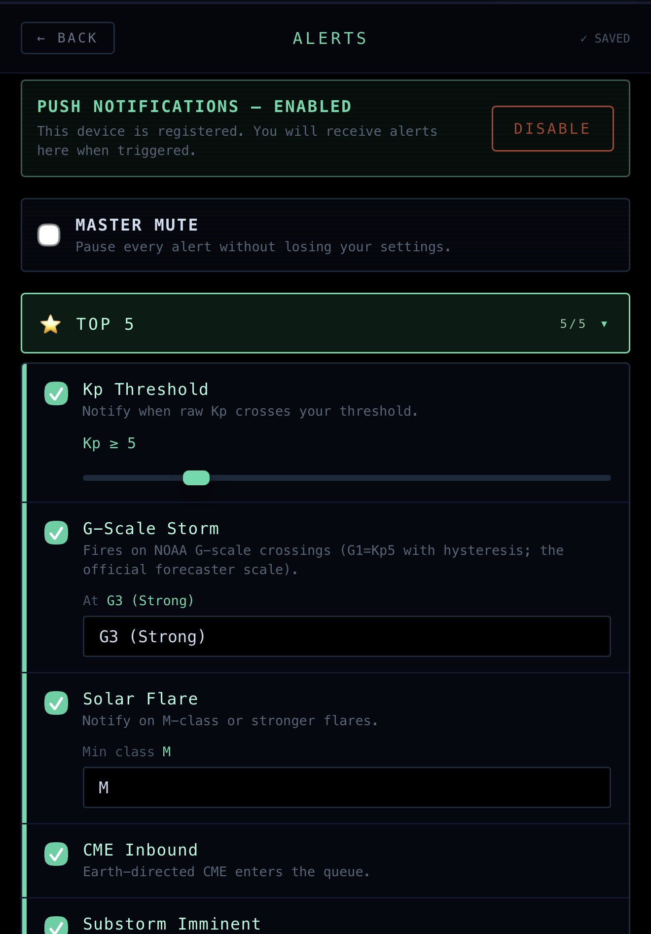 Alerts settings panel